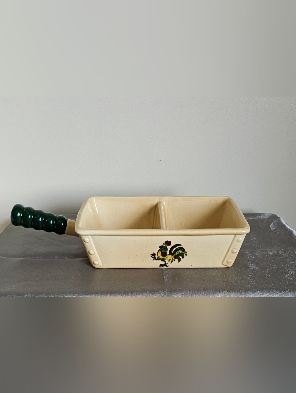 Vintage Metlox Poppytrail Green Rooster Rectangle Divided Serving Dish w/ Handle